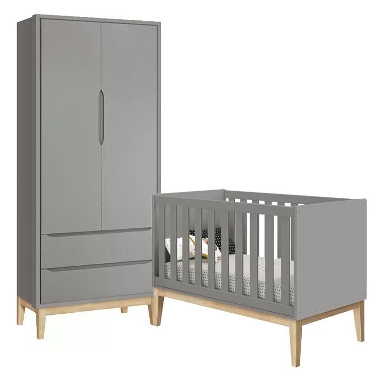 Jogo de Quarto Classic Guarda Roupa 2 Portas e Berço Cinza Fosco com Pés Madeira Natural - Reller Móveis