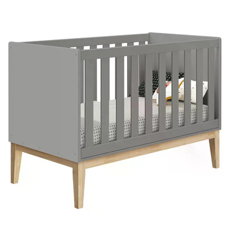 Jogo de Quarto Classic Guarda Roupa 2 Portas e Berço Cinza Fosco com Pés Madeira Natural - Reller Móveis