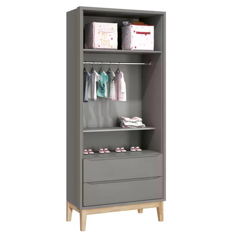 Jogo de Quarto Classic Guarda Roupa 2 Portas e Berço Cinza Fosco com Pés Madeira Natural - Reller Móveis