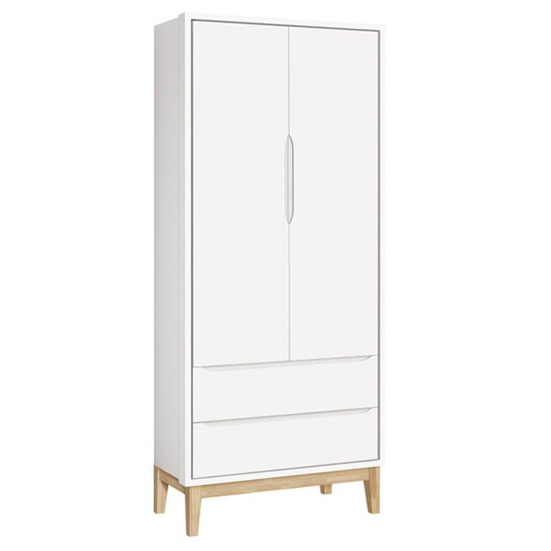 Jogo de Quarto Classic Guarda Roupa 2 Portas e Cômoda 3 Gavetas Branco Fosco com Pés Madeira Natural - Reller Móveis