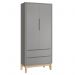 Jogo de Quarto Classic Guarda Roupa 2 Portas e Cômoda 3 Gavetas Cinza Fosco com Pés Madeira Natural - Reller Móveis
