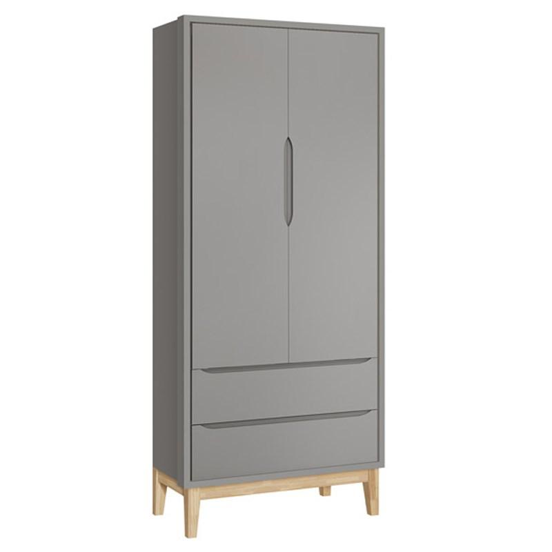 Jogo de Quarto Classic Guarda Roupa 2 Portas e Cômoda 3 Gavetas Cinza Fosco com Pés Madeira Natural - Reller Móveis