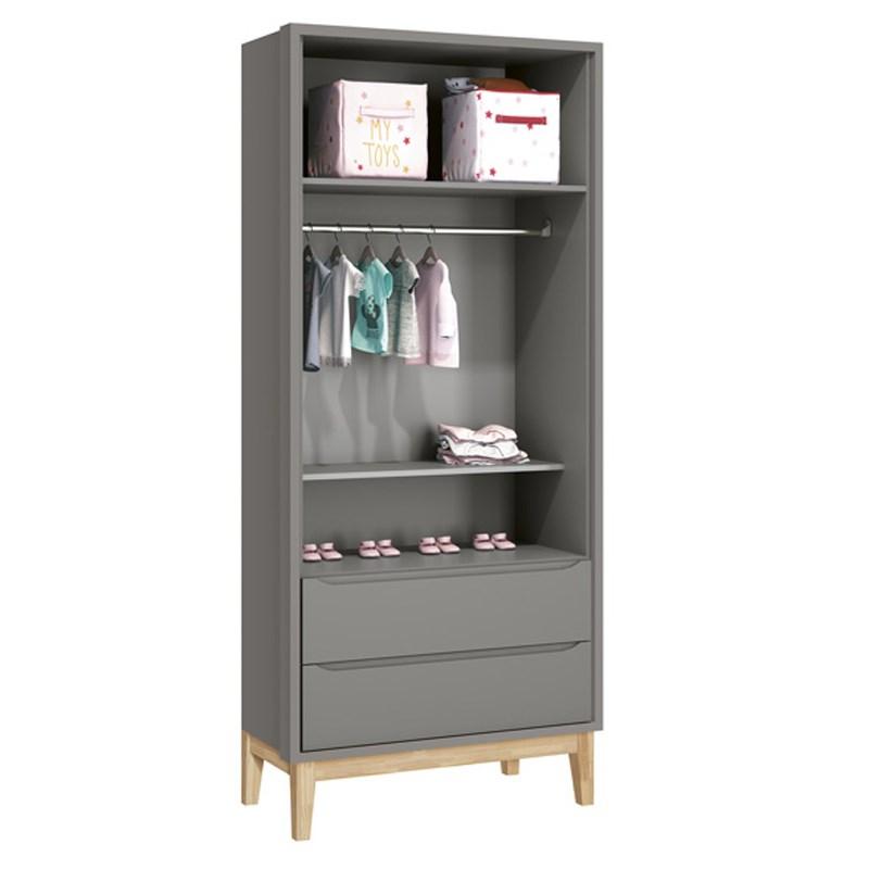 Jogo de Quarto Classic Guarda Roupa 2 Portas e Cômoda 3 Gavetas Cinza Fosco com Pés Madeira Natural - Reller Móveis