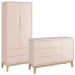 Jogo de Quarto Classic Guarda Roupa 2 Portas e Cômoda Rosa Fosco com Pés Madeira Natural - Reller Móveis