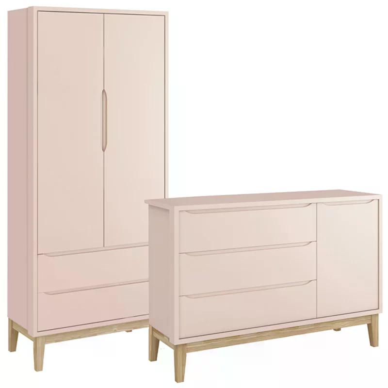 Jogo de Quarto Classic Guarda Roupa 2 Portas e Cômoda Rosa Fosco com Pés Madeira Natural - Reller Móveis