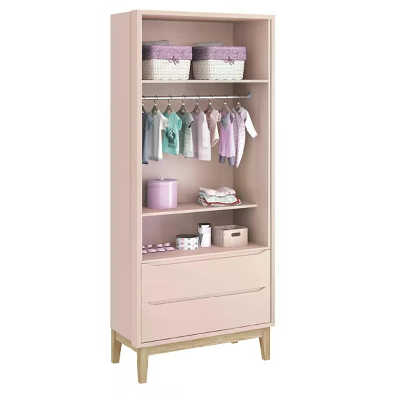 Jogo de Quarto Classic Guarda Roupa 2 Portas e Cômoda Rosa Fosco com Pés Madeira Natural - Reller Móveis