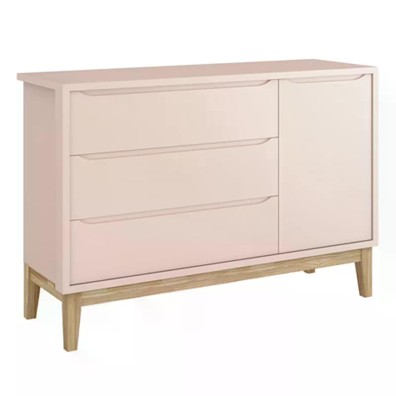 Jogo de Quarto Classic Guarda Roupa 2 Portas e Cômoda Rosa Fosco com Pés Madeira Natural - Reller Móveis