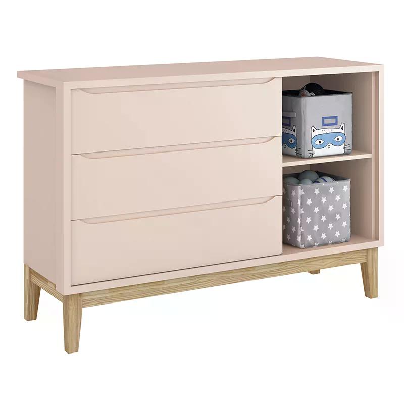 Jogo de Quarto Classic Guarda Roupa 2 Portas e Cômoda Rosa Fosco com Pés Madeira Natural - Reller Móveis