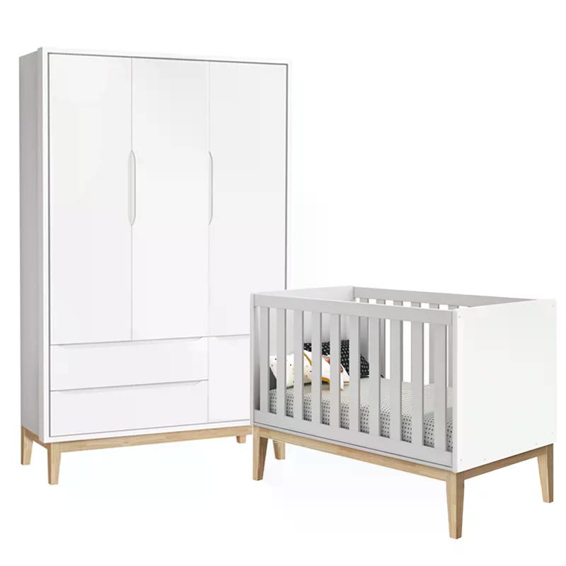 Jogo de Quarto Classic Guarda Roupa 3 Portas e Berço Branco Fosco com Pés Madeira Natural - Reller Móveis