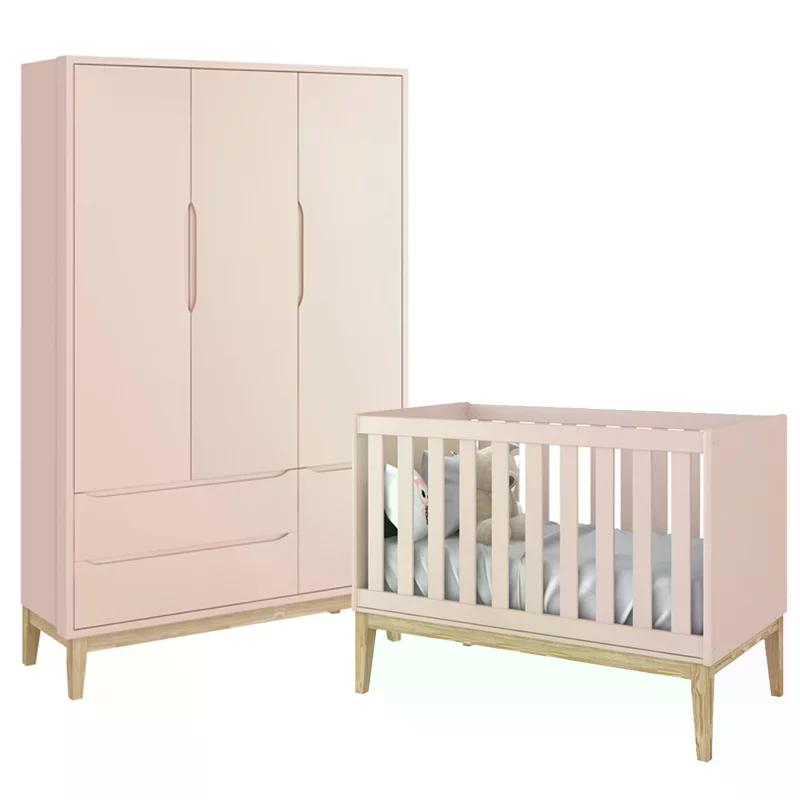 Jogo de Quarto Classic Guarda Roupa 3 Portas e Berço Rosa Fosco com Pés Madeira Natural - Reller Móveis
