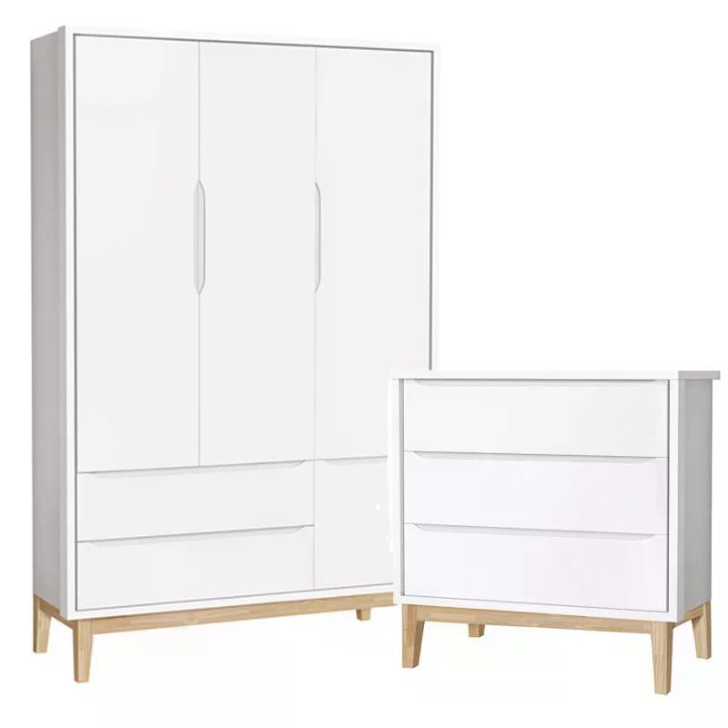 Jogo de Quarto Classic Guarda Roupa 3 Portas e Cômoda 3 Gavetas Branco Fosco com Pés Madeira Natural - Reller Móveis