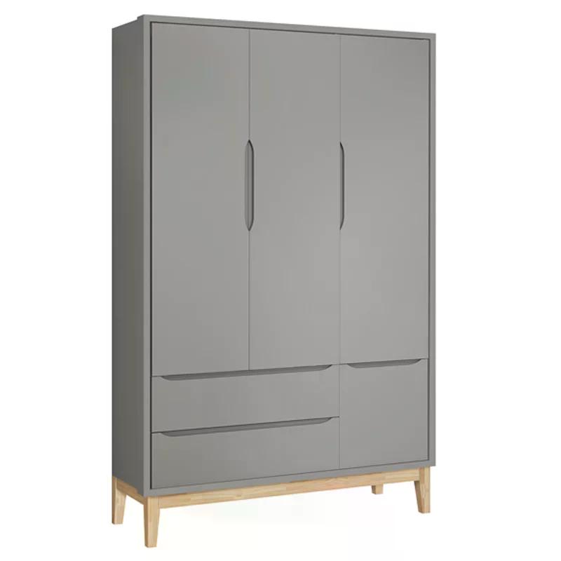 Jogo de Quarto Classic Guarda Roupa 3 Portas e Cômoda 3 Gavetas Cinza Fosco com Pés Madeira Natural - Reller Móveis