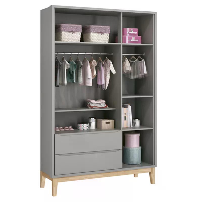 Jogo de Quarto Classic Guarda Roupa 3 Portas e Cômoda 3 Gavetas Cinza Fosco com Pés Madeira Natural - Reller Móveis