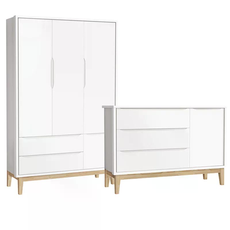 Jogo de Quarto Classic Guarda Roupa 3 Portas e Cômoda Branco Fosco com Pés Madeira Natural - Reller Móveis