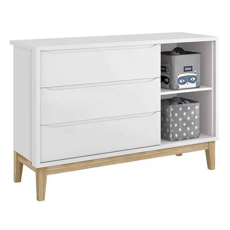 Jogo de Quarto Classic Guarda Roupa 3 Portas e Cômoda Branco Fosco com Pés Madeira Natural - Reller Móveis