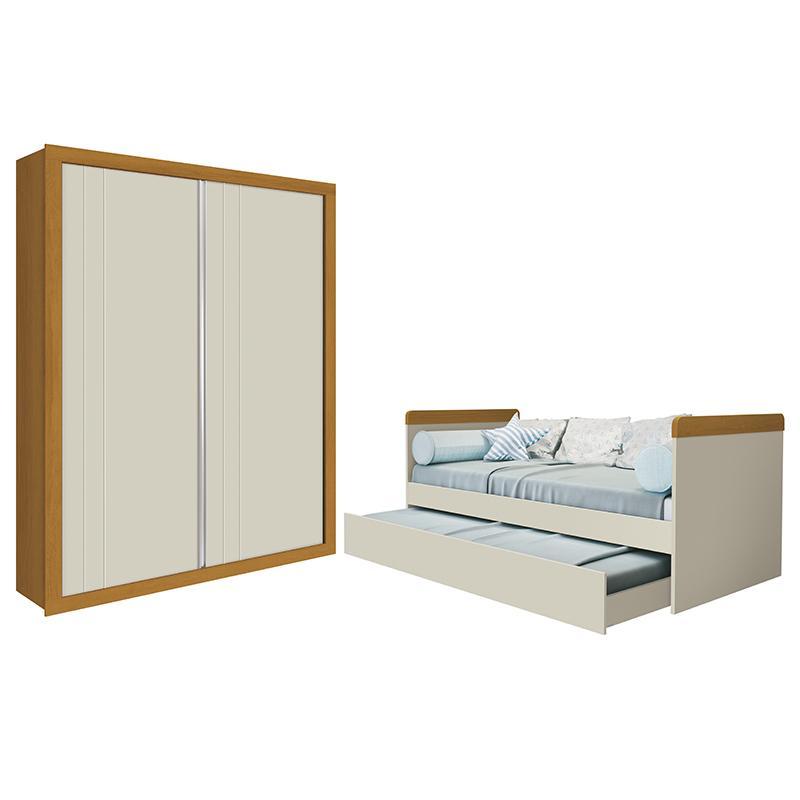 Jogo de Quarto Guarda Roupa Prince e Bicama Nuth Areia/Savana com 2 Colchões Physical - Reller Móveis