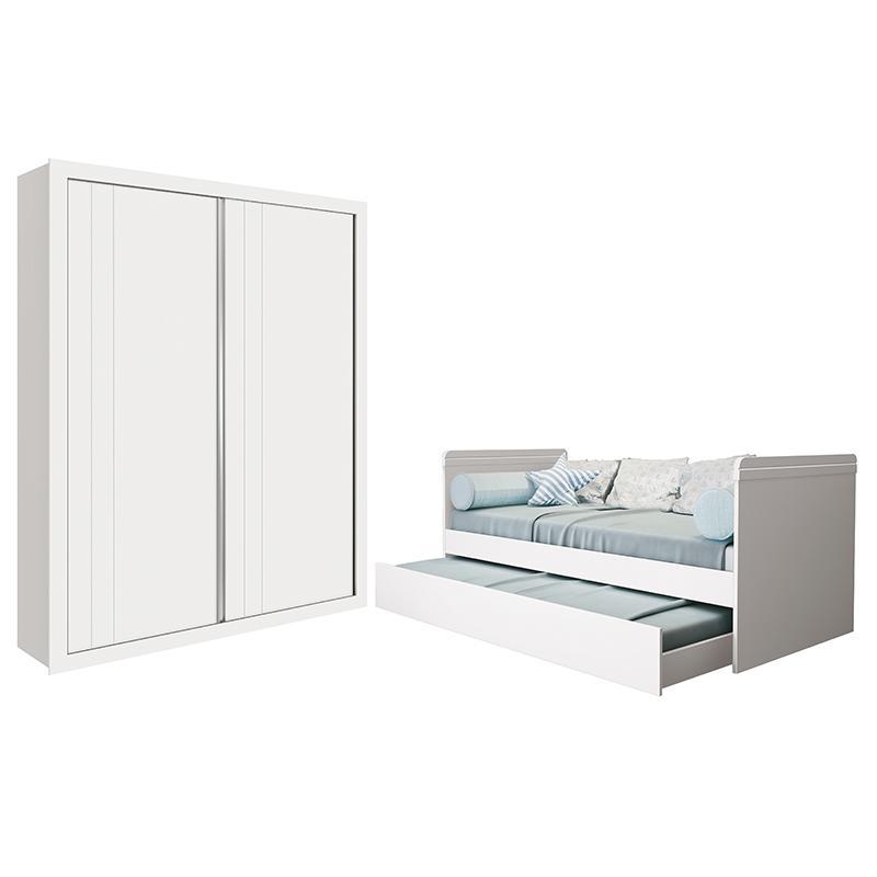 Jogo de Quarto Guarda Roupa Prince e Bicama Nuth Branco Fosco com 2 Colchões Supreme - Reller Móveis