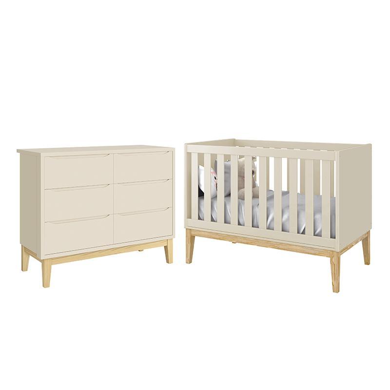 Jogo de Quarto Infantil Classic Cômoda 6 Gavetas e Berço Areia Fosco com Pés Madeira Natural - Reller Móveis