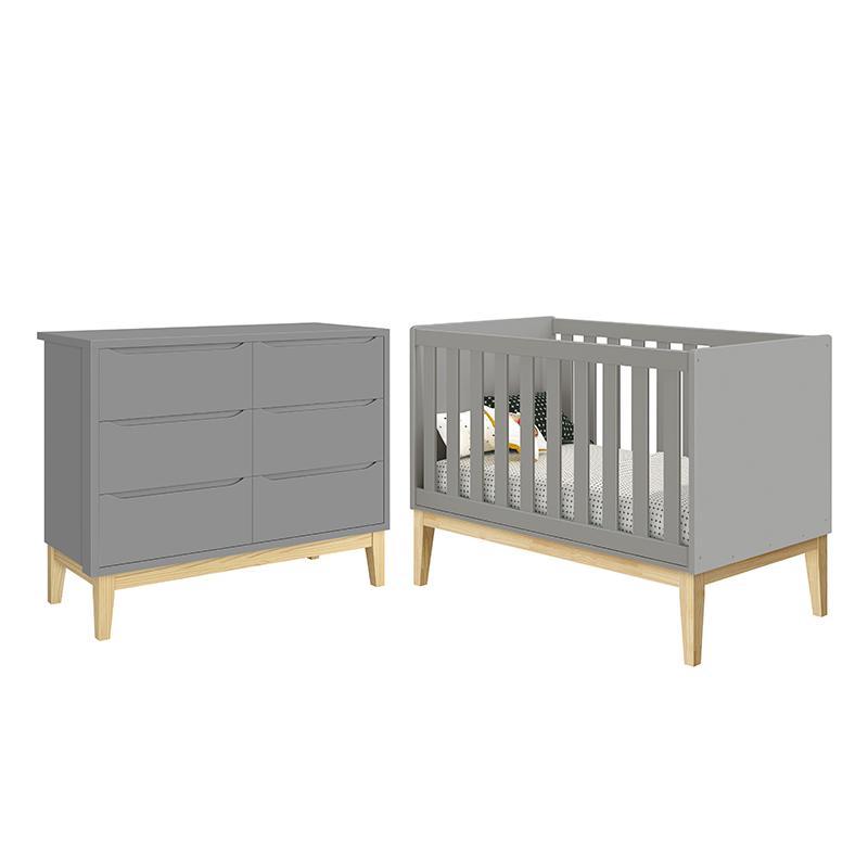 Jogo de Quarto Infantil Classic Cômoda 6 Gavetas e Berço Cinza Fosco com Pés Madeira Natural - Reller Móveis