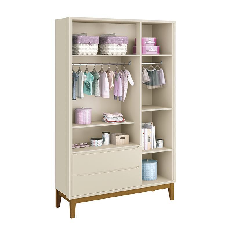 Jogo de Quarto Infantil Classic Guarda Roupa 3 Portas e Cômoda 6 Gavetas Areia Fosco com Pés Amadeirado - Reller Móveis