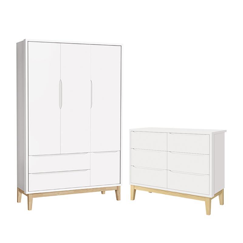 Jogo de Quarto Infantil Classic Guarda Roupa 3 Portas e Cômoda 6 Gavetas Branco Fosco com Pés Madeira Natural - Reller Móveis