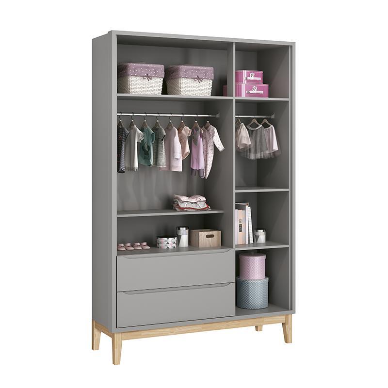 Jogo de Quarto Infantil Classic Guarda Roupa 3 Portas e Cômoda 6 Gavetas Cinza Fosco com Pés Madeira Natural - Reller Móveis