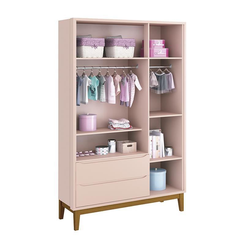 Jogo de Quarto Infantil Classic Guarda Roupa 3 Portas e Cômoda 6 Gavetas Rosa Fosco com Pés Amadeirado - Reller Móveis