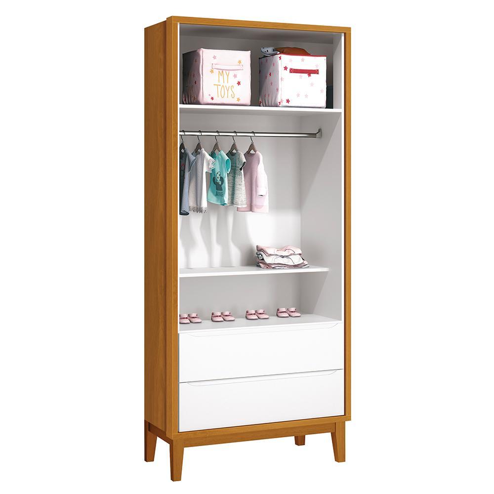 Jogo de Quarto Infantil Guarda Roupa 2 Portas e Cômoda 1 Porta Classic Branco/Savana com Pés Amadeirado - Reller Móveis
