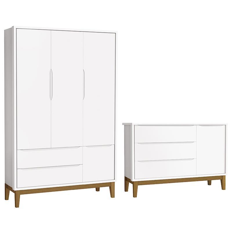Jogo de Quarto Infantil Guarda Roupa 3 Portas e Cômoda 1 Porta Classic Branco Fosco com Pés Amadeirado - Reller Móveis