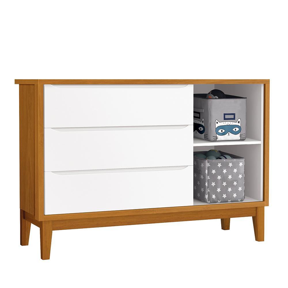 Jogo de Quarto Infantil Guarda Roupa 3 Portas e Cômoda 1 Porta Classic Branco/Savana com Pés Amadeirado - Reller Móveis