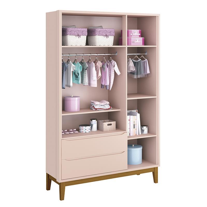 Jogo de Quarto Infantil Guarda Roupa 3 Portas e Cômoda 1 Porta Classic Rosa Fosco com Pés Amadeirado - Reller Móveis