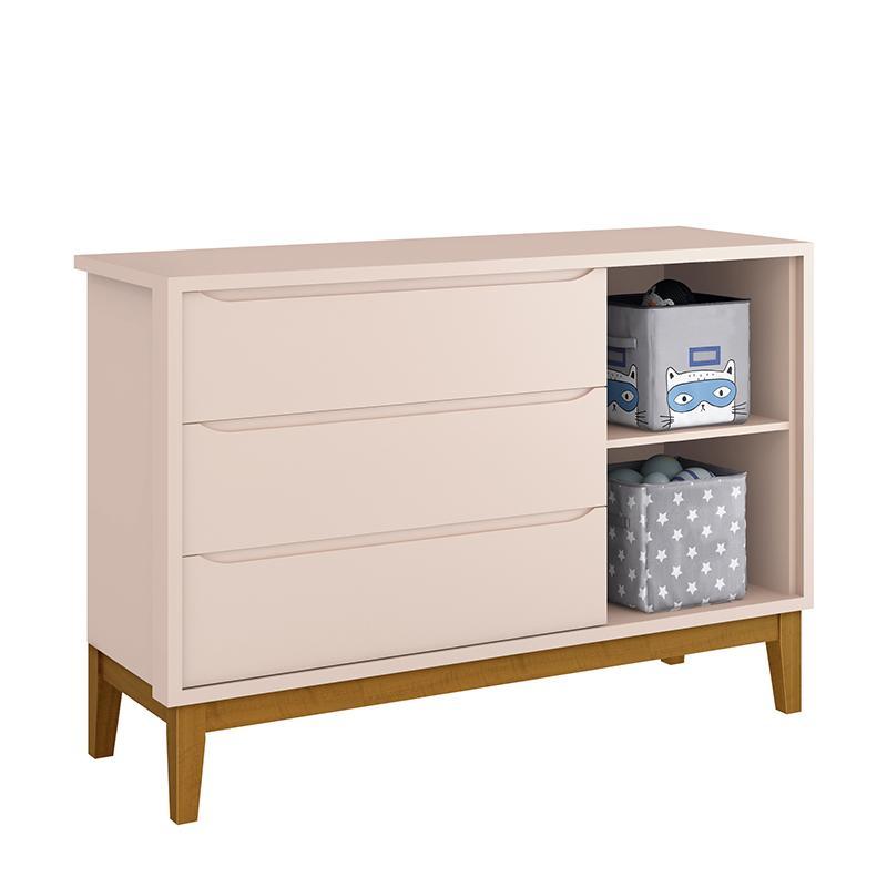 Jogo de Quarto Infantil Guarda Roupa 3 Portas e Cômoda 1 Porta Classic Rosa Fosco com Pés Amadeirado - Reller Móveis