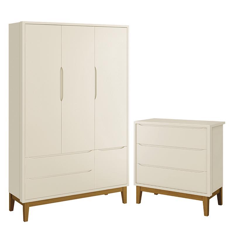 Jogo de Quarto Infantil Guarda Roupa 3 Portas e Cômoda 3 Gavetas Areia Fosco Classic com Pés Amadeirado - Reller Móveis