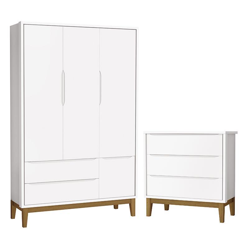 Jogo de Quarto Infantil Guarda Roupa 3 Portas e Cômoda 3 Gavetas Branco Fosco Classic com Pés Amadeirado - Reller Móveis