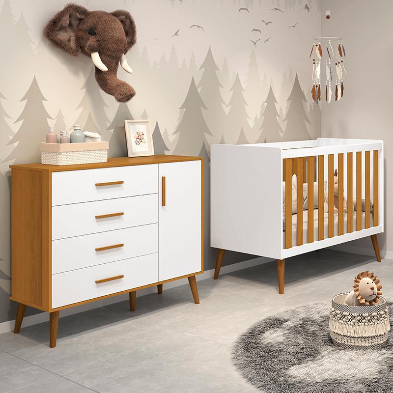 Jogo de Quarto Infantil Isis Cômoda 1 Porta e Berço Branco/Savana - Reller Móveis 