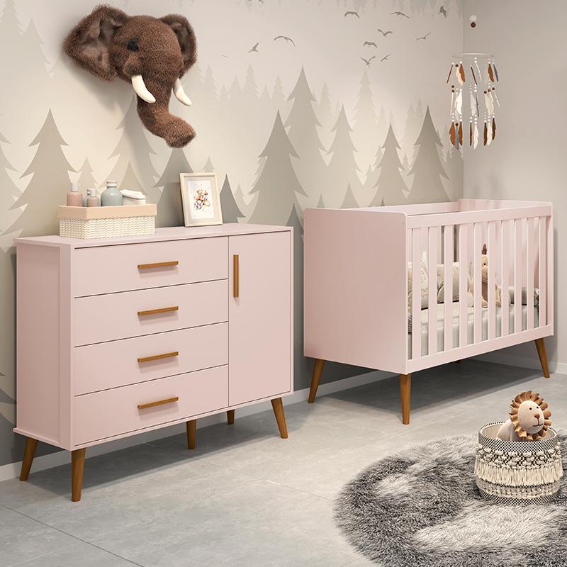 Jogo de Quarto Infantil Isis Cômoda 1 Porta e Berço Rosa - Reller Móveis
