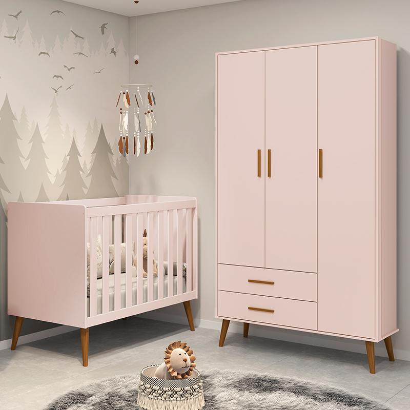 Jogo de Quarto Infantil Isis Guarda Roupa 3 Portas e Berço Rosa - Reller Móveis