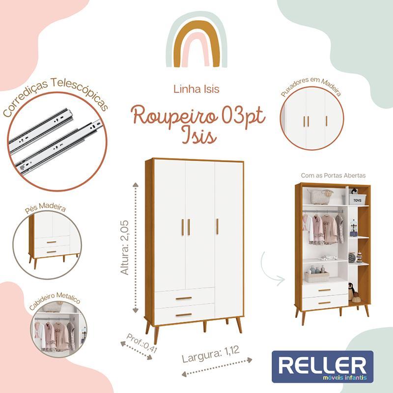 Jogo de Quarto Infantil Isis Guarda Roupa 3 Portas e Cômoda 4 Gavetas Branco/Savana - Reller Móveis  
