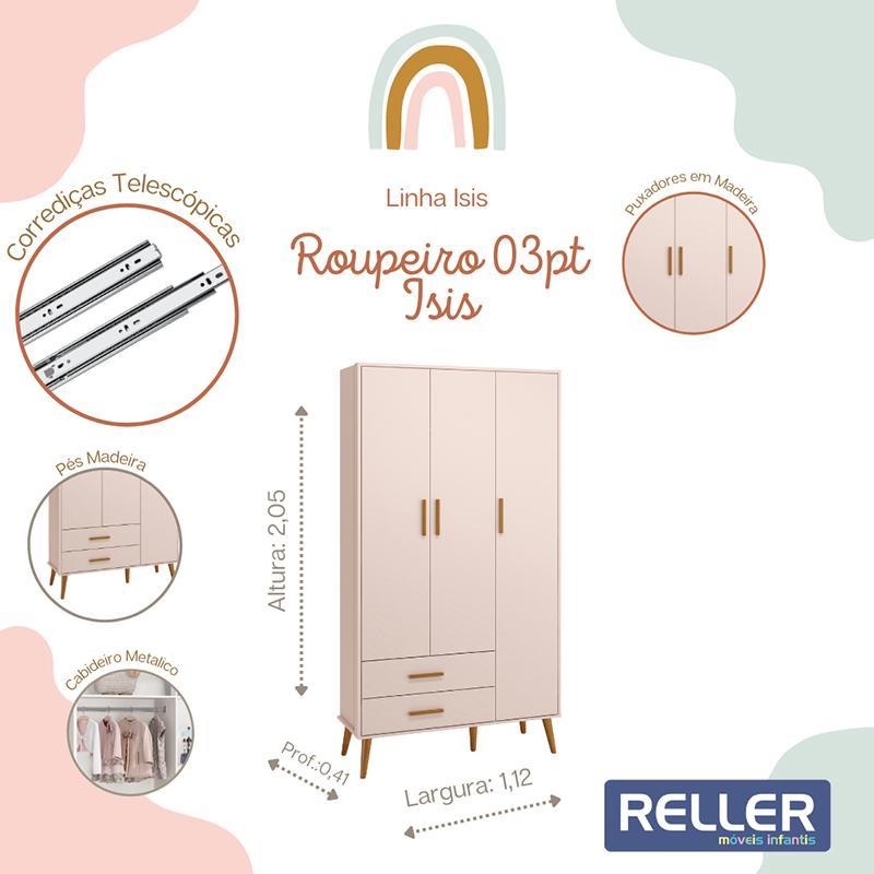 Jogo de Quarto Infantil Isis Guarda Roupa 3 Portas e Cômoda 4 Gavetas Rosa - Reller Móveis  