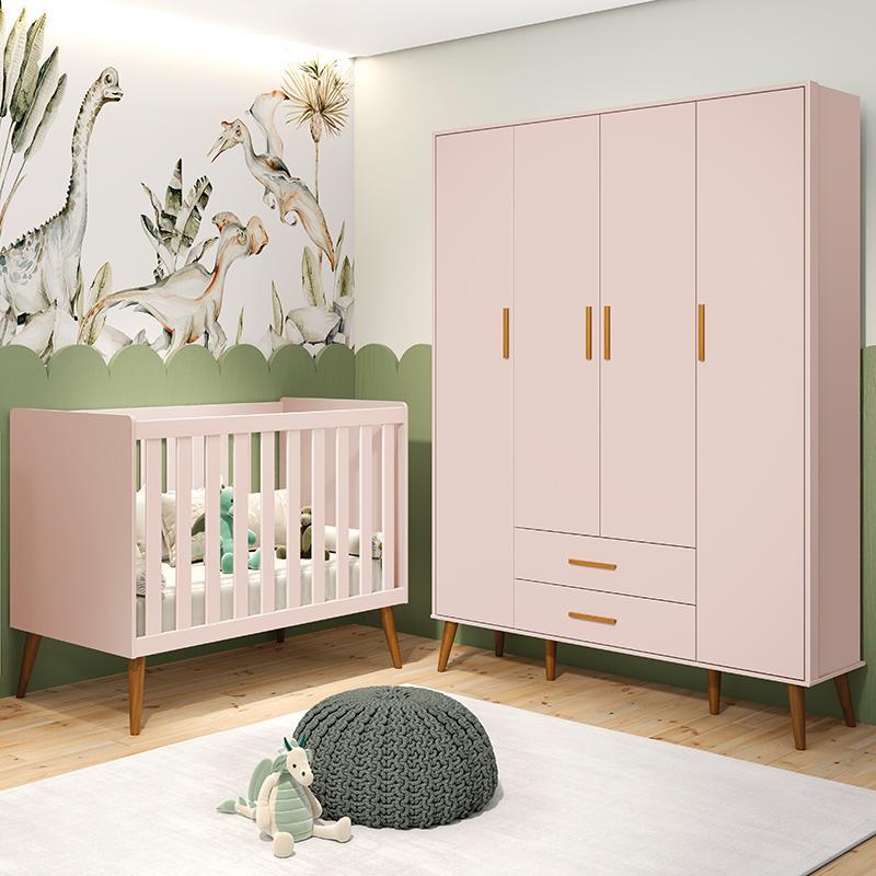 Jogo de Quarto Infantil Isis Guarda Roupa 4 Portas e Berço Rosa - Reller Móveis