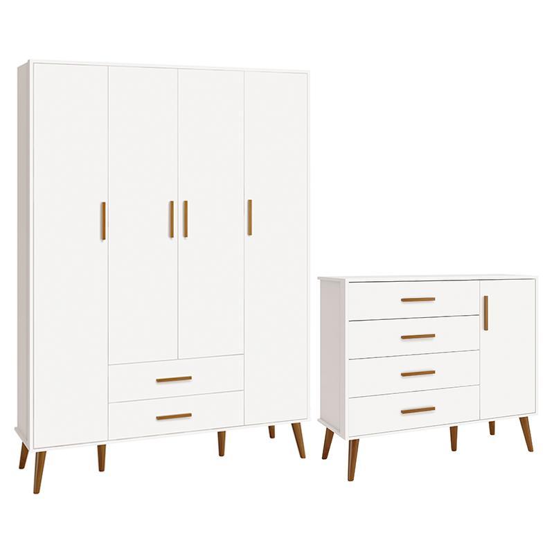 Jogo de Quarto Infantil Isis Guarda Roupa 4 Portas e Cômoda 1 Porta Branco - Reller Móveis