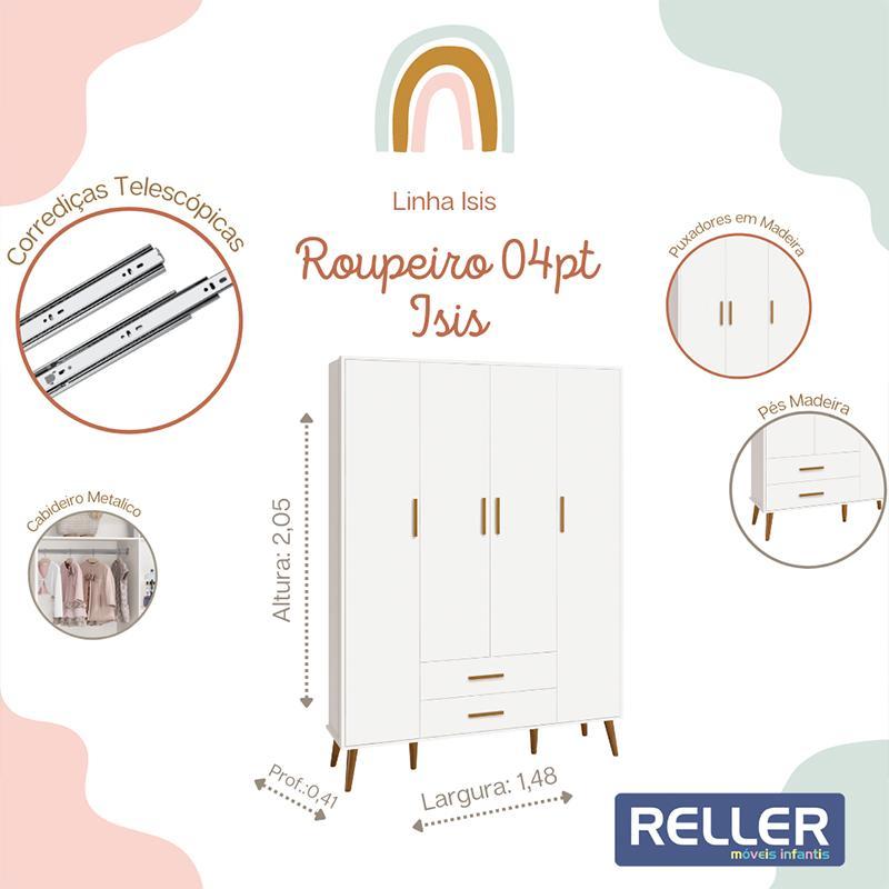 Jogo de Quarto Infantil Isis Guarda Roupa 4 Portas e Cômoda 4 Gavetas Branco - Reller Móveis