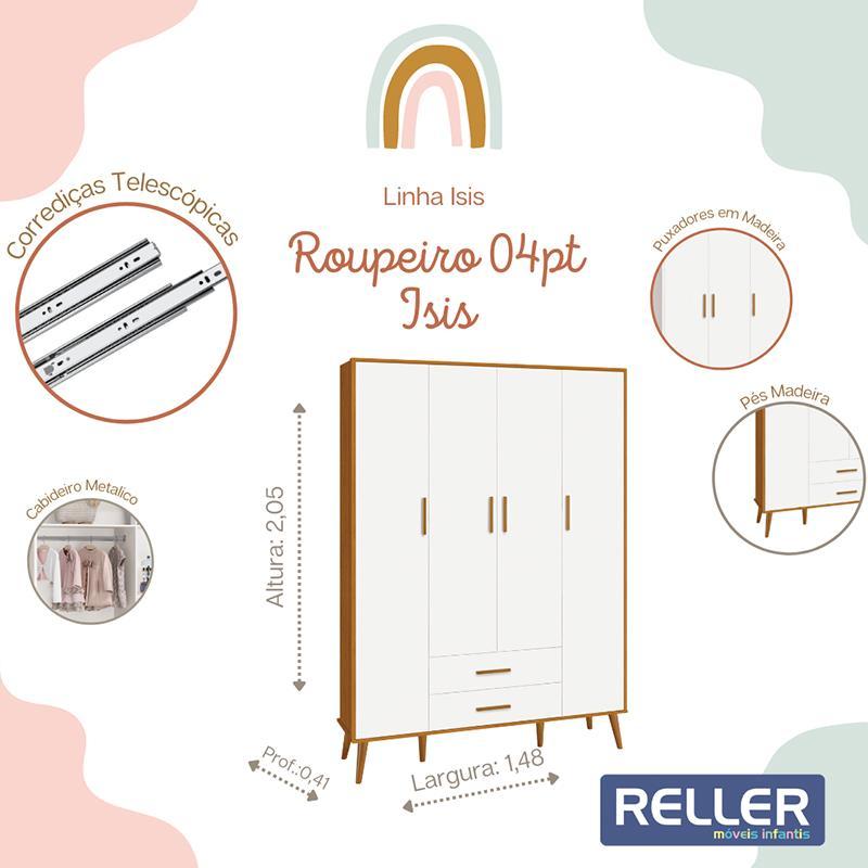 Jogo de Quarto Infantil Isis Guarda Roupa 4 Portas e Cômoda 4 Gavetas Branco/Savana - Reller Móveis  