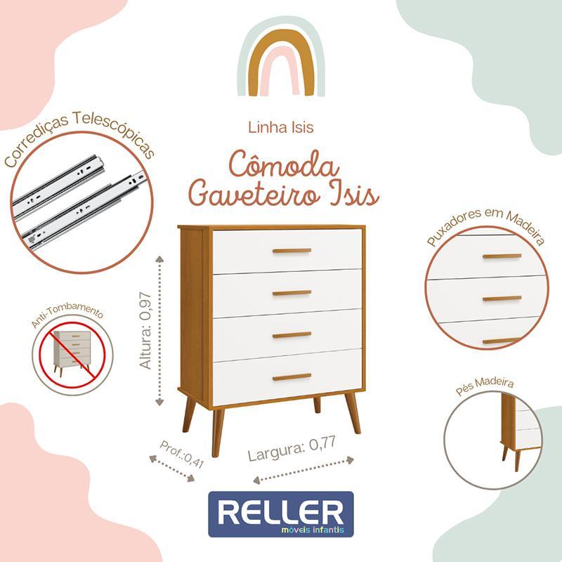 Jogo de Quarto Infantil Isis Guarda Roupa 4 Portas e Cômoda 4 Gavetas Branco/Savana - Reller Móveis  