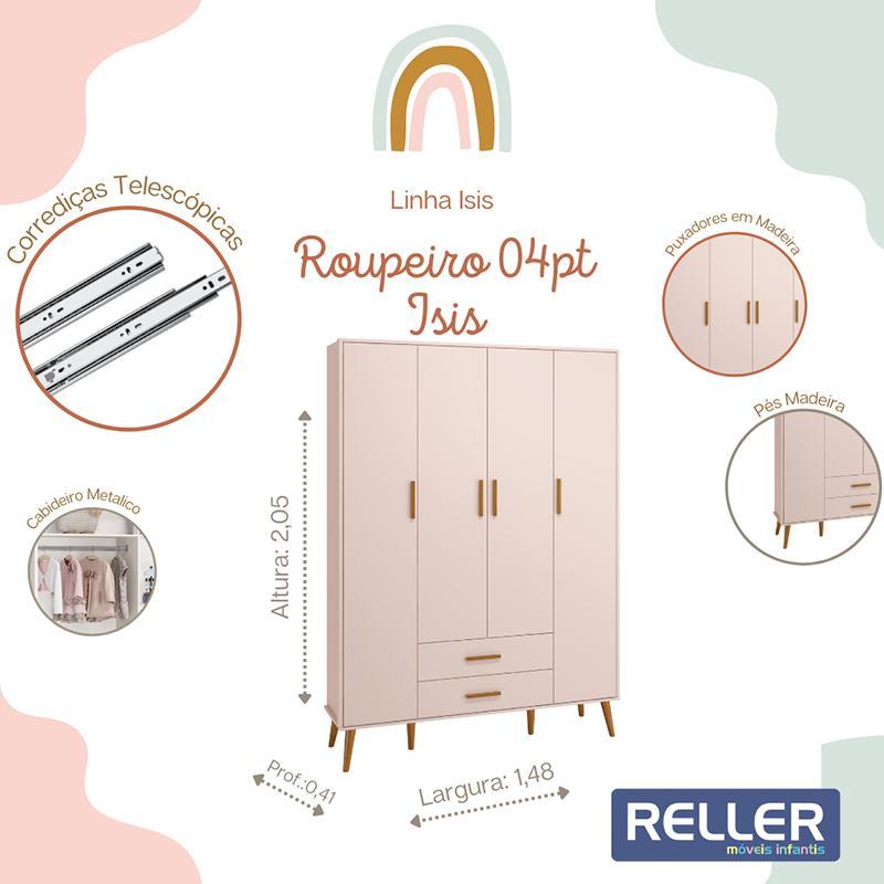 Jogo de Quarto Infantil Isis Guarda Roupa 4 Portas e Cômoda 4 Gavetas Rosa - Reller Móveis  
