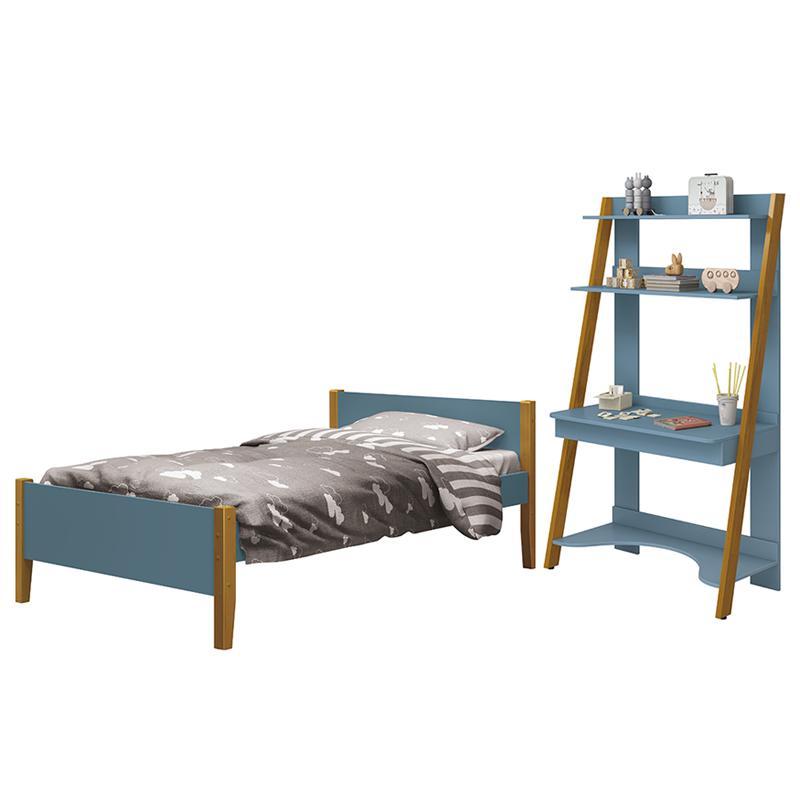 Jogo de Quarto Infantil Simba Estante Escrivaninha e Cama Azul Fosco com Pés Amadeirado - Reller Móveis