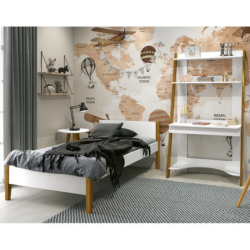 Jogo de Quarto Infantil Simba Estante Escrivaninha e Cama Branco Fosco com Pés Amadeirado - Reller Móveis