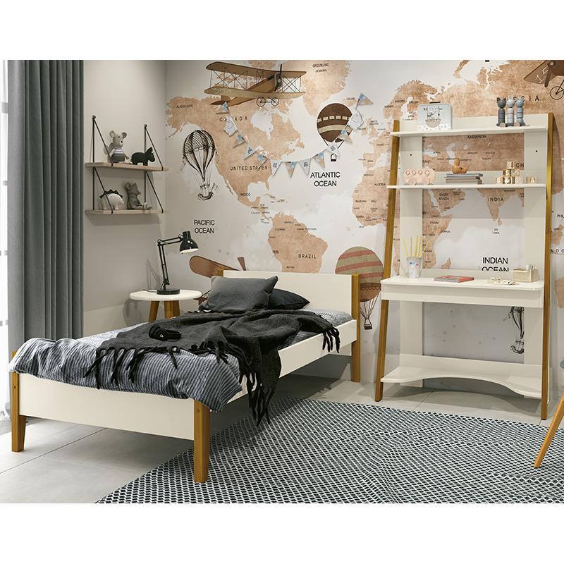 Jogo de Quarto Infantil Simba Estante Escrivaninha, Cama e Mesa de Canto Theo Areia Fosco com Pés Amadeirado - Reller Móveis 