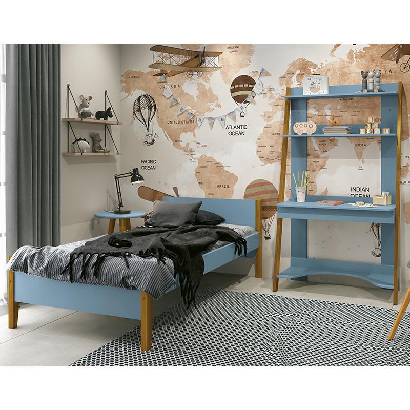 Jogo de Quarto Infantil Simba Estante Escrivaninha, Cama e Mesa de Canto Theo Azul Fosco com Pés Amadeirado - Reller Móveis 