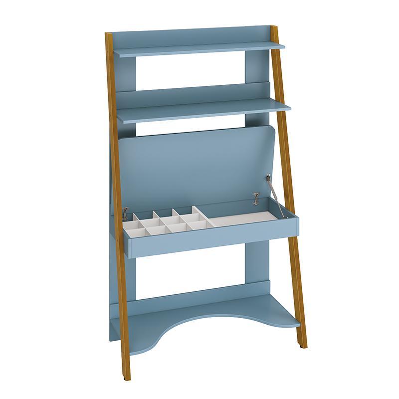 Jogo de Quarto Infantil Simba Estante Escrivaninha, Cama e Mesa de Canto Theo Azul Fosco com Pés Amadeirado - Reller Móveis 
